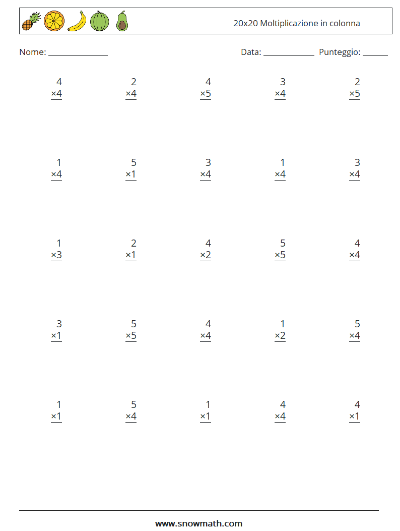 (25) 20x20 Moltiplicazione in colonna Fogli di lavoro di matematica 17