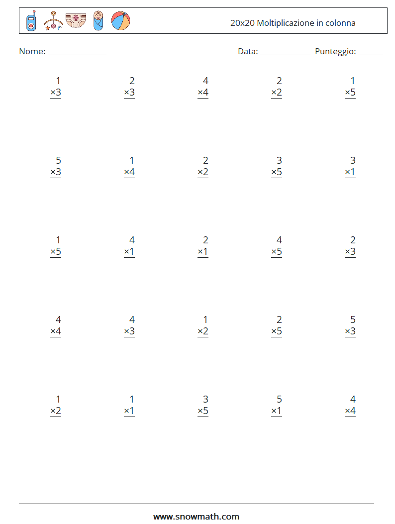 (25) 20x20 Moltiplicazione in colonna Fogli di lavoro di matematica 18