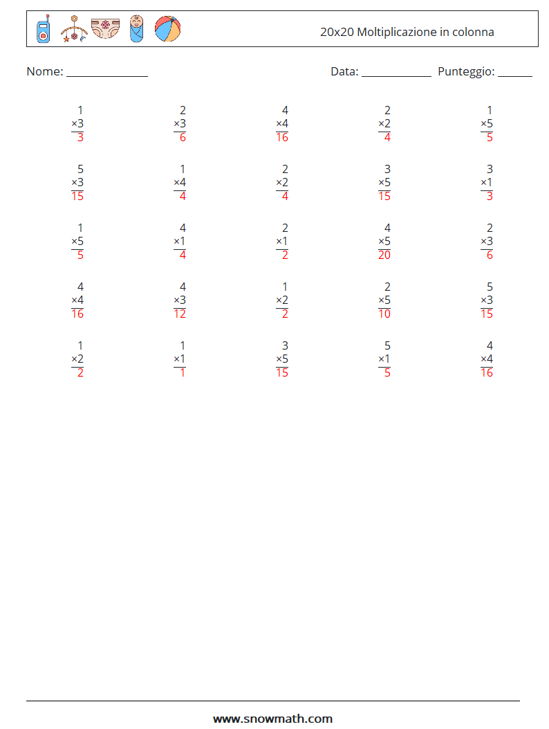 (25) 20x20 Moltiplicazione in colonna Fogli di lavoro di matematica 18 Domanda, Risposta