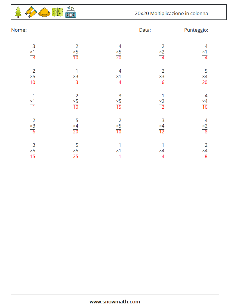 (25) 20x20 Moltiplicazione in colonna Fogli di lavoro di matematica 1 Domanda, Risposta