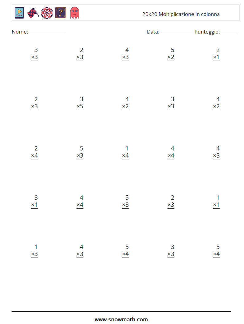 (25) 20x20 Moltiplicazione in colonna Fogli di lavoro di matematica 2