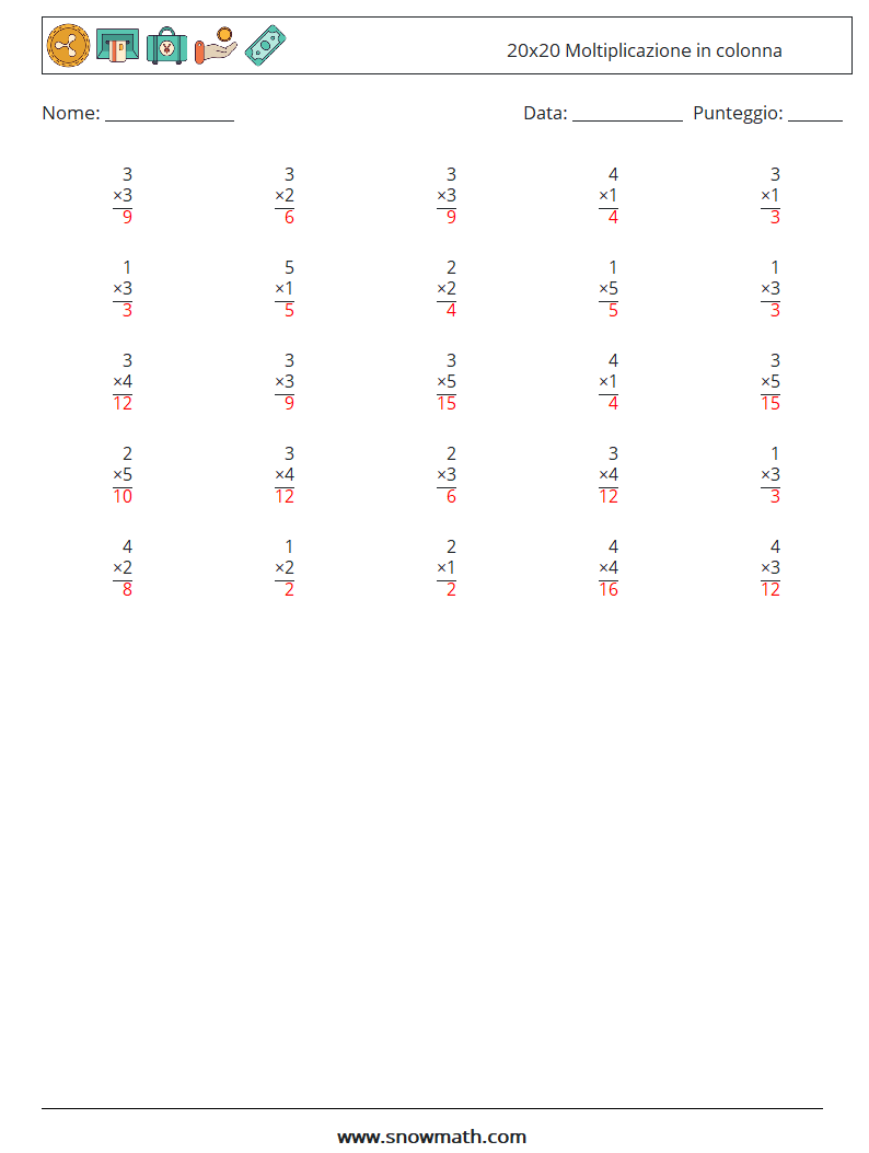 (25) 20x20 Moltiplicazione in colonna Fogli di lavoro di matematica 3 Domanda, Risposta