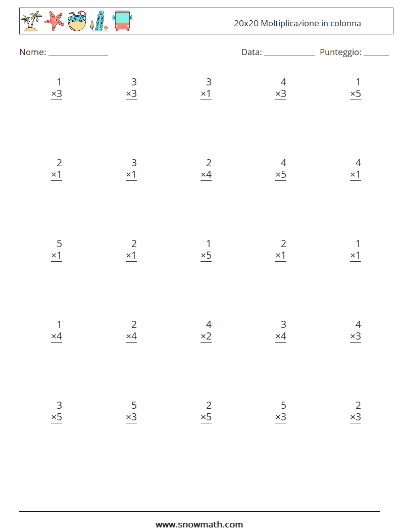 (25) 20x20 Moltiplicazione in colonna Fogli di lavoro di matematica 4