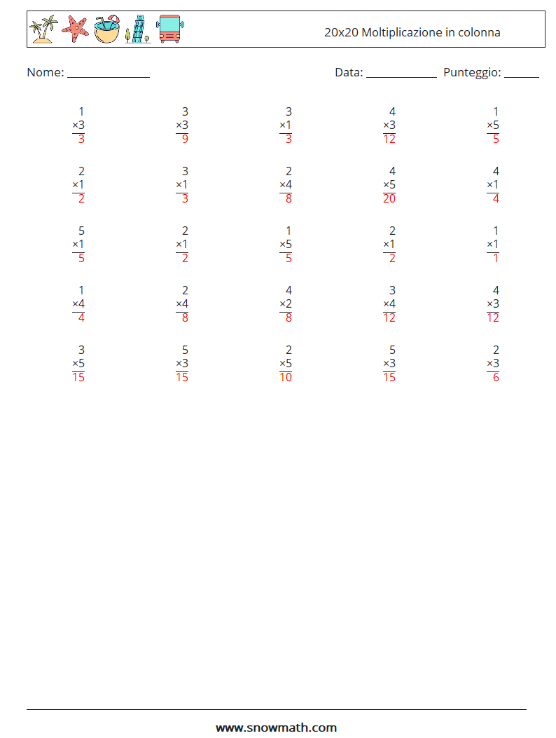 (25) 20x20 Moltiplicazione in colonna Fogli di lavoro di matematica 4 Domanda, Risposta