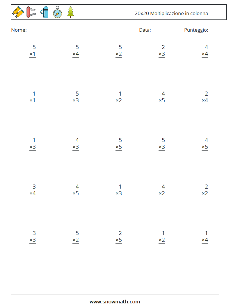 (25) 20x20 Moltiplicazione in colonna Fogli di lavoro di matematica 5