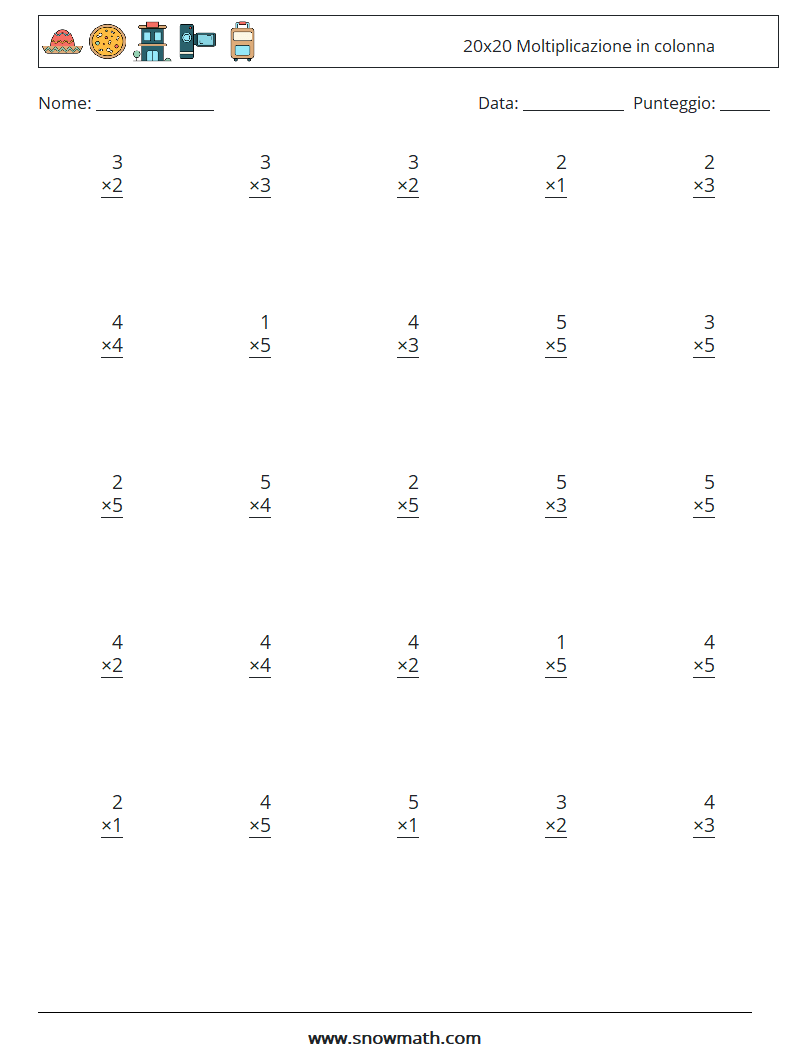 (25) 20x20 Moltiplicazione in colonna Fogli di lavoro di matematica 6