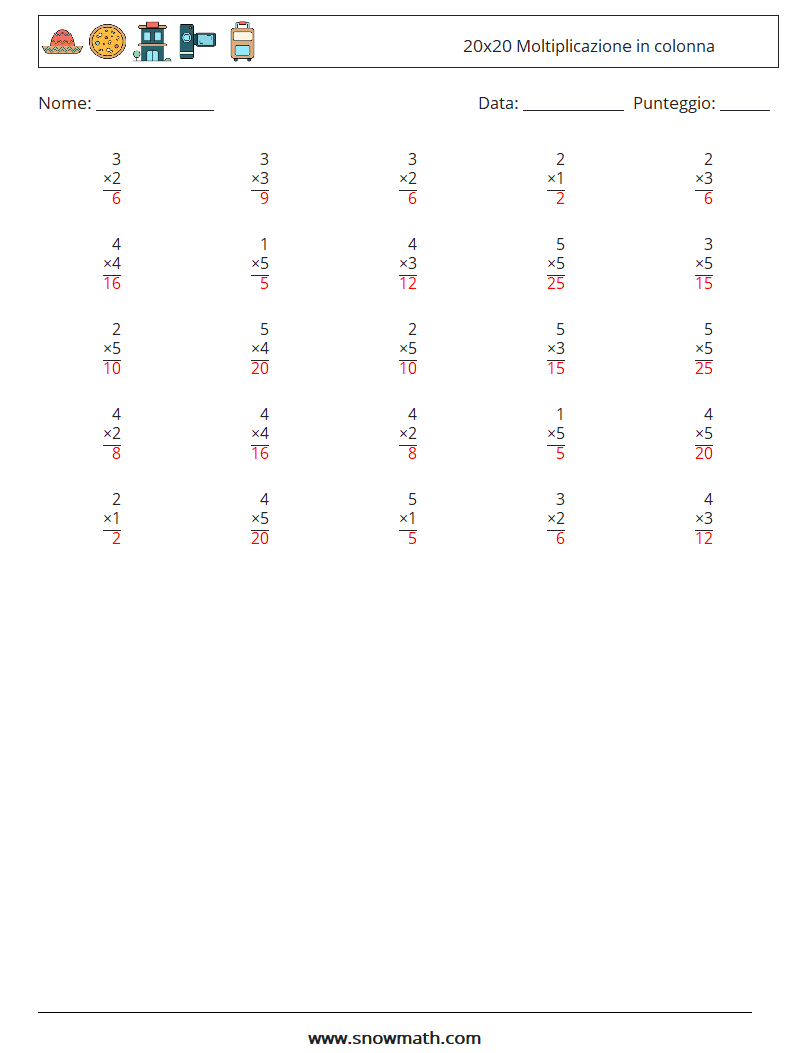 (25) 20x20 Moltiplicazione in colonna Fogli di lavoro di matematica 6 Domanda, Risposta