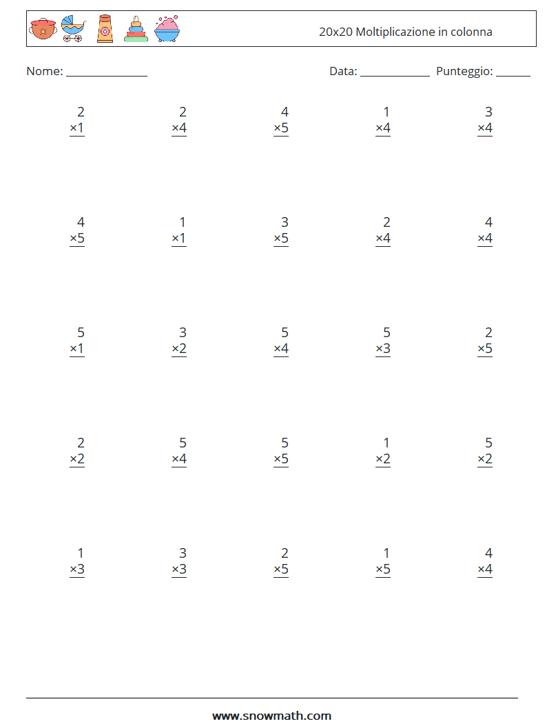 (25) 20x20 Moltiplicazione in colonna Fogli di lavoro di matematica 7