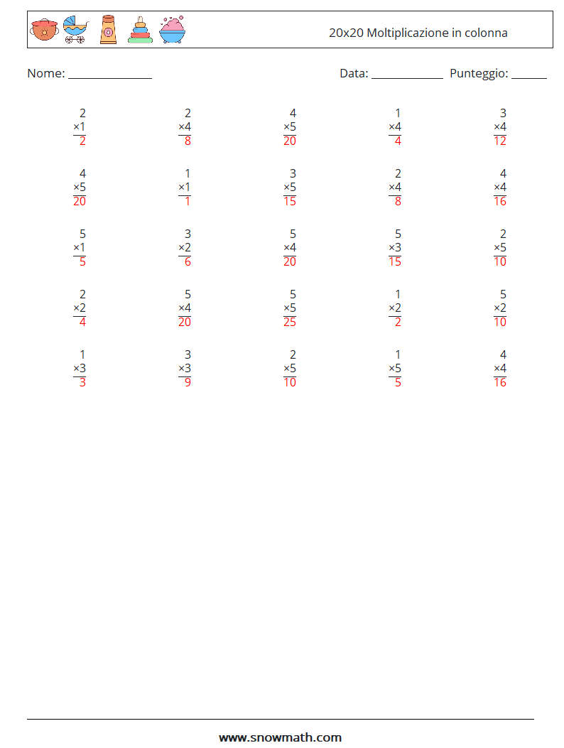 (25) 20x20 Moltiplicazione in colonna Fogli di lavoro di matematica 7 Domanda, Risposta