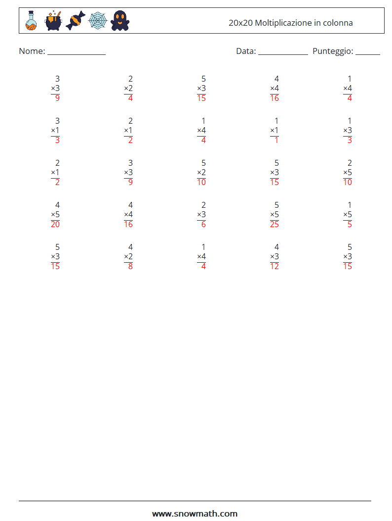 (25) 20x20 Moltiplicazione in colonna Fogli di lavoro di matematica 8 Domanda, Risposta