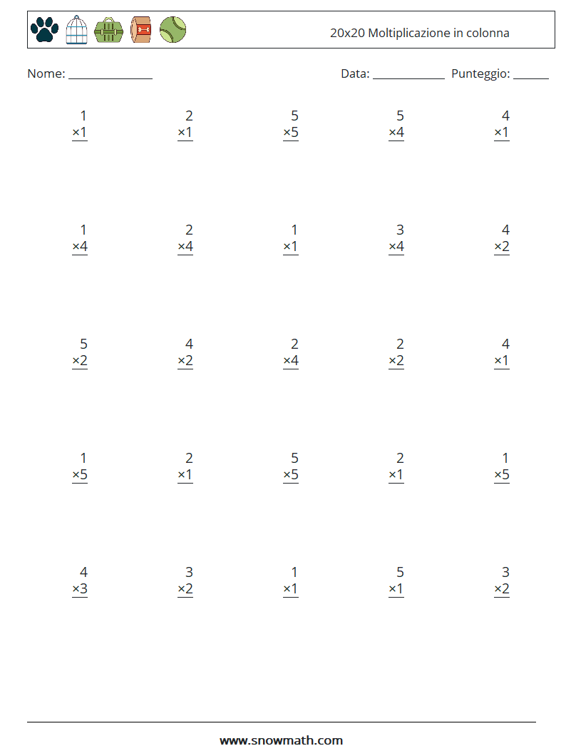 (25) 20x20 Moltiplicazione in colonna Fogli di lavoro di matematica 9