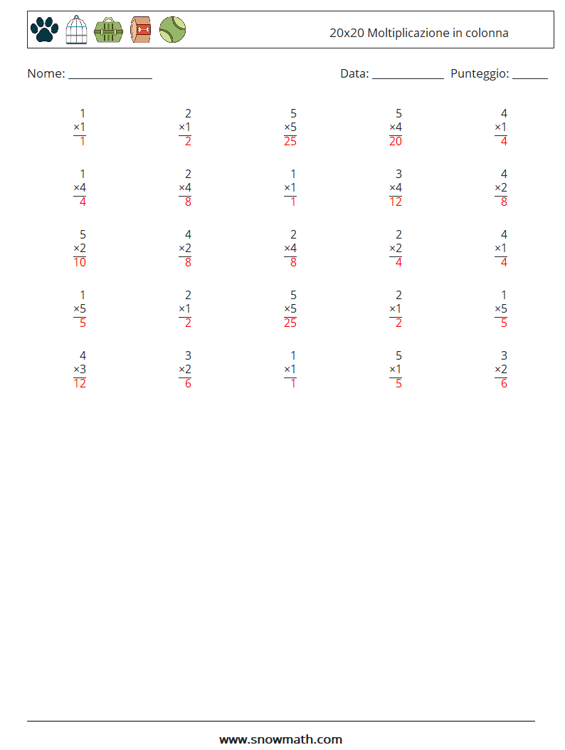 (25) 20x20 Moltiplicazione in colonna Fogli di lavoro di matematica 9 Domanda, Risposta
