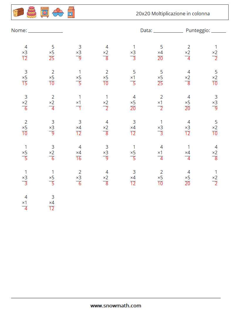 (50) 20x20 Moltiplicazione in colonna Fogli di lavoro di matematica 10 Domanda, Risposta