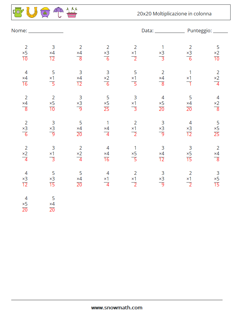 (50) 20x20 Moltiplicazione in colonna Fogli di lavoro di matematica 11 Domanda, Risposta
