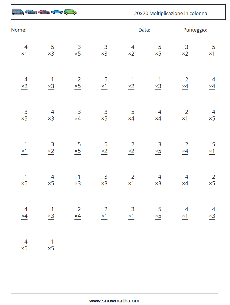 (50) 20x20 Moltiplicazione in colonna Fogli di lavoro di matematica 12