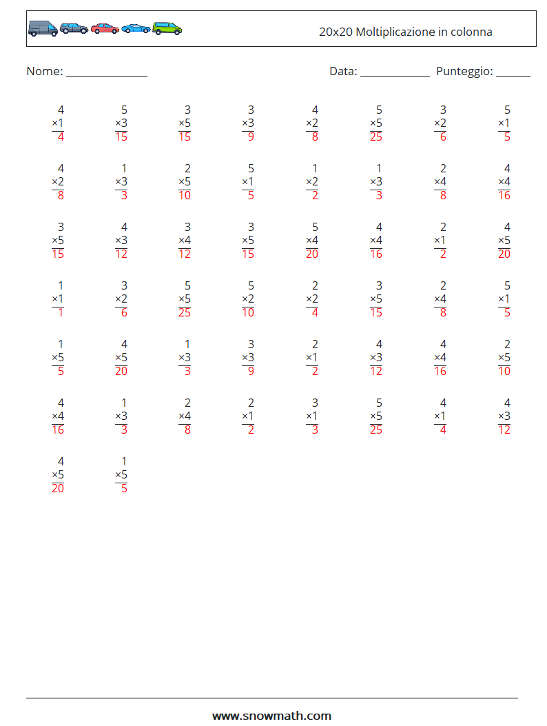 (50) 20x20 Moltiplicazione in colonna Fogli di lavoro di matematica 12 Domanda, Risposta