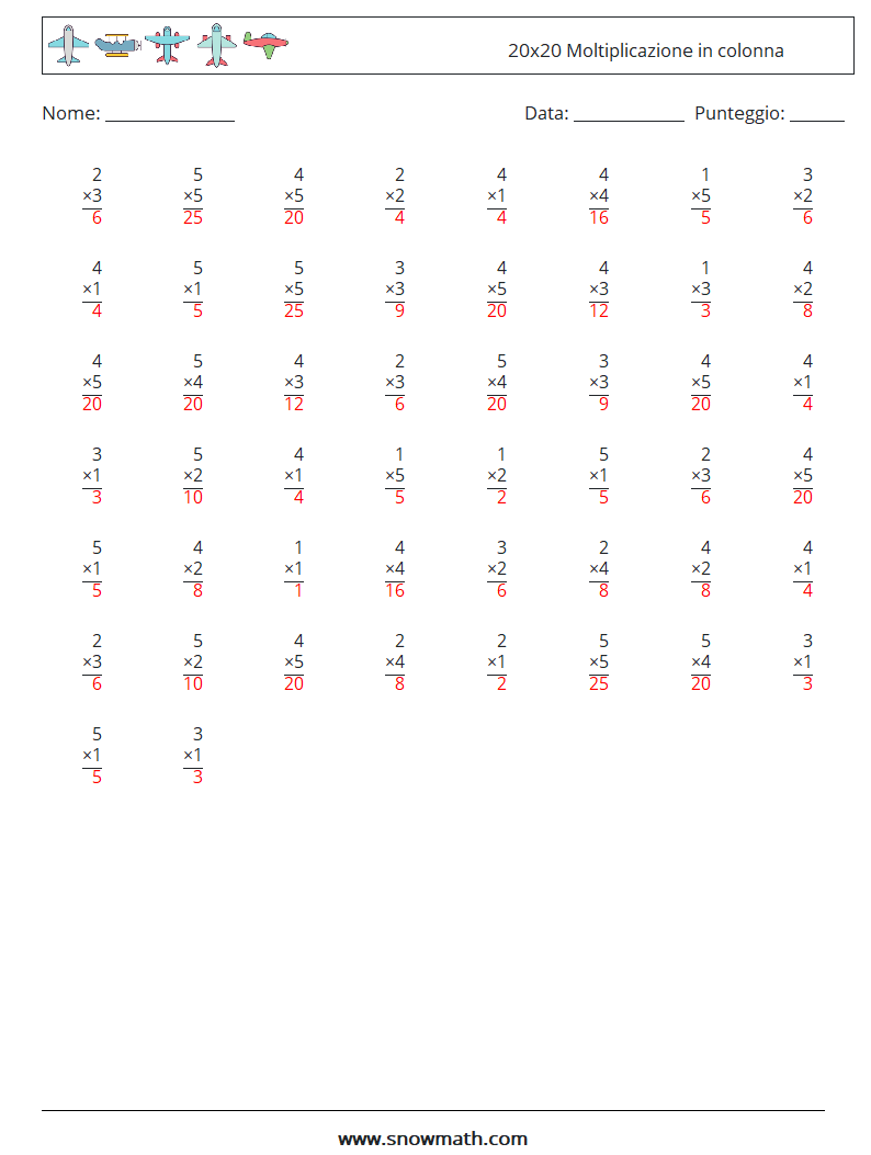 (50) 20x20 Moltiplicazione in colonna Fogli di lavoro di matematica 14 Domanda, Risposta