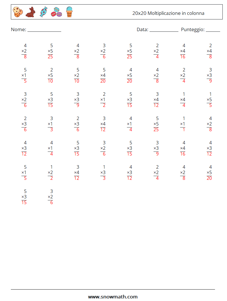 (50) 20x20 Moltiplicazione in colonna Fogli di lavoro di matematica 15 Domanda, Risposta