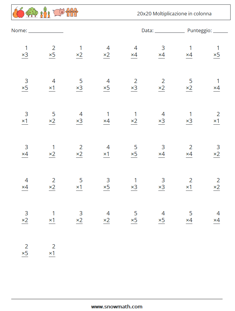 (50) 20x20 Moltiplicazione in colonna Fogli di lavoro di matematica 16