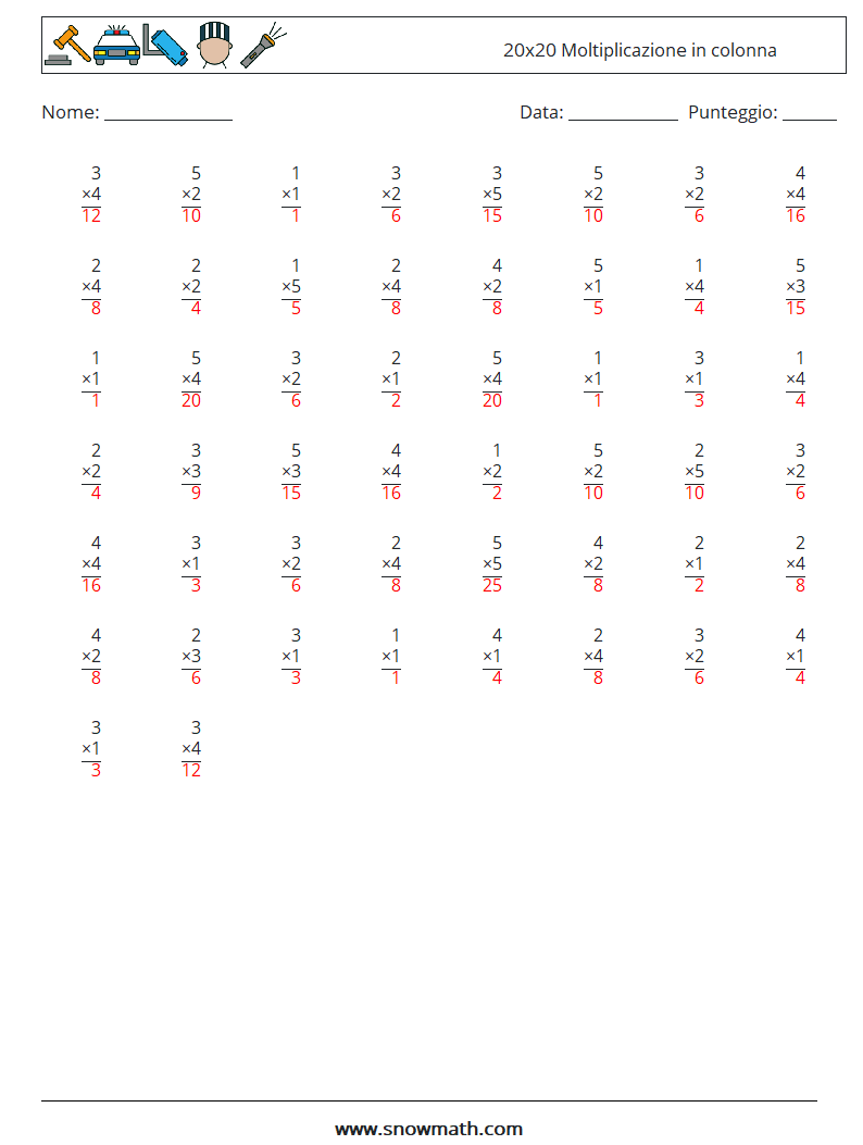 (50) 20x20 Moltiplicazione in colonna Fogli di lavoro di matematica 17 Domanda, Risposta