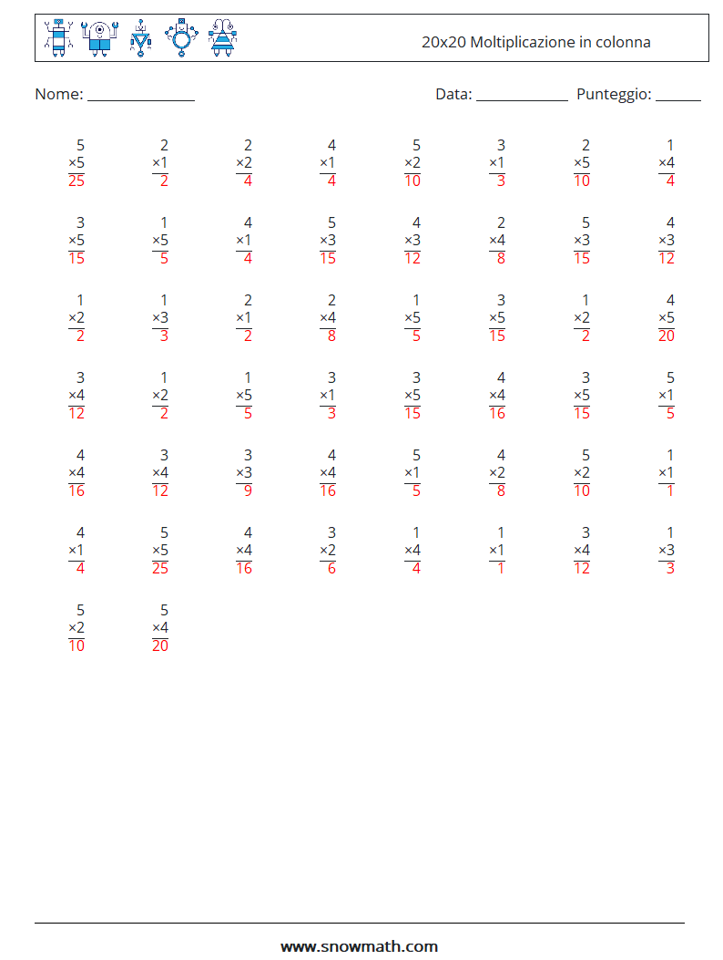 (50) 20x20 Moltiplicazione in colonna Fogli di lavoro di matematica 18 Domanda, Risposta