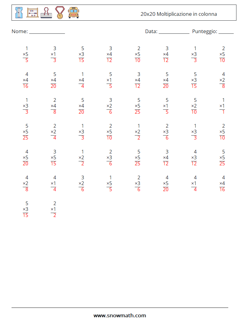 (50) 20x20 Moltiplicazione in colonna Fogli di lavoro di matematica 1 Domanda, Risposta