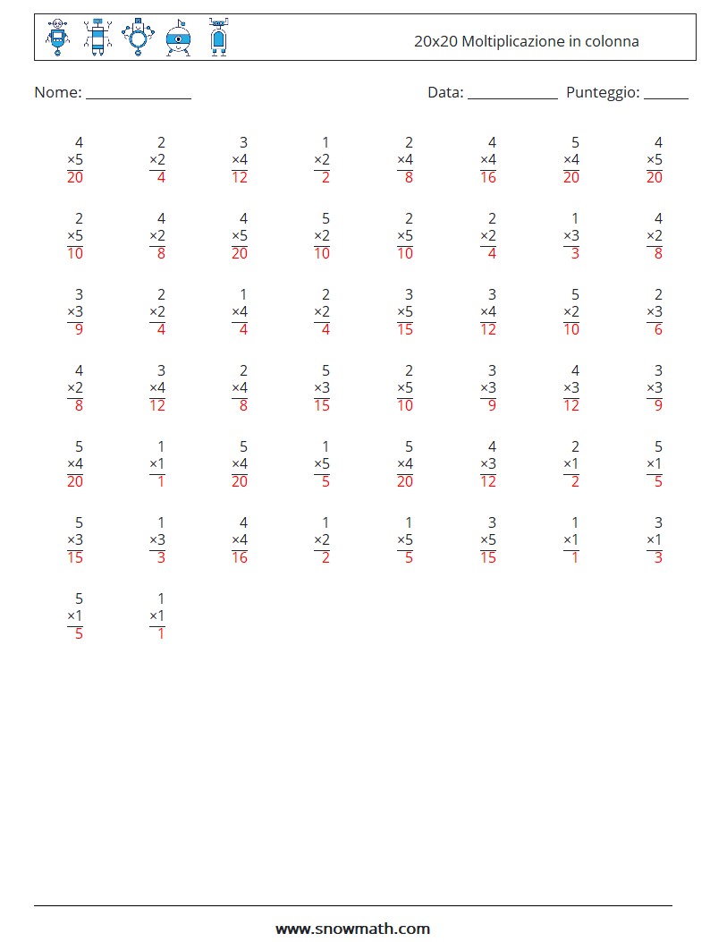 (50) 20x20 Moltiplicazione in colonna Fogli di lavoro di matematica 2 Domanda, Risposta