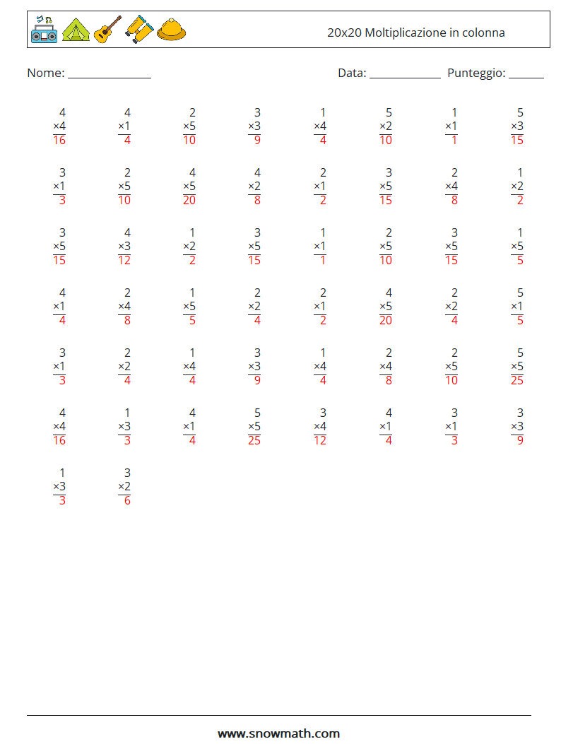 (50) 20x20 Moltiplicazione in colonna Fogli di lavoro di matematica 3 Domanda, Risposta