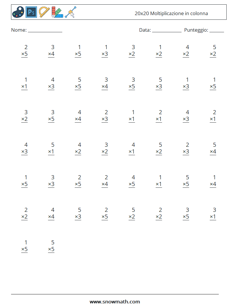 (50) 20x20 Moltiplicazione in colonna Fogli di lavoro di matematica 4