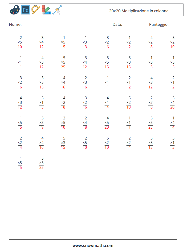 (50) 20x20 Moltiplicazione in colonna Fogli di lavoro di matematica 4 Domanda, Risposta