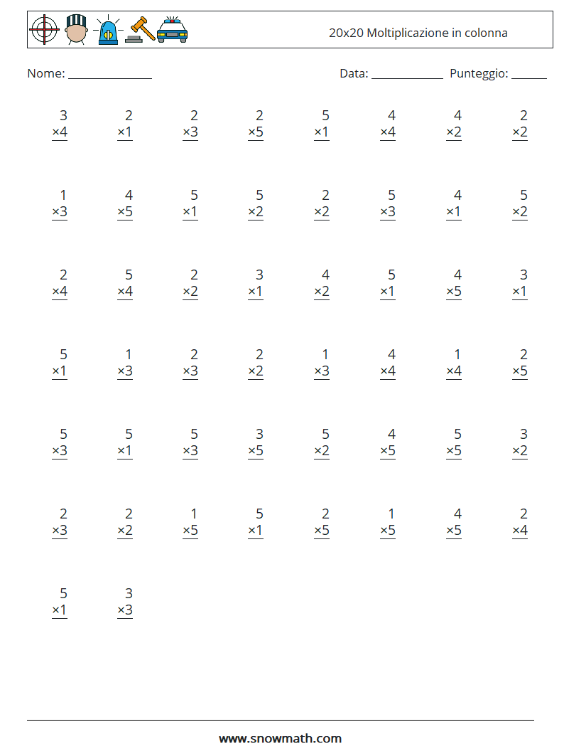 (50) 20x20 Moltiplicazione in colonna Fogli di lavoro di matematica 5