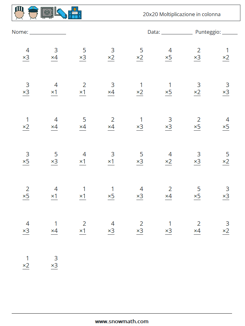 (50) 20x20 Moltiplicazione in colonna Fogli di lavoro di matematica 6