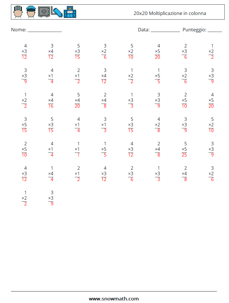 (50) 20x20 Moltiplicazione in colonna Fogli di lavoro di matematica 6 Domanda, Risposta