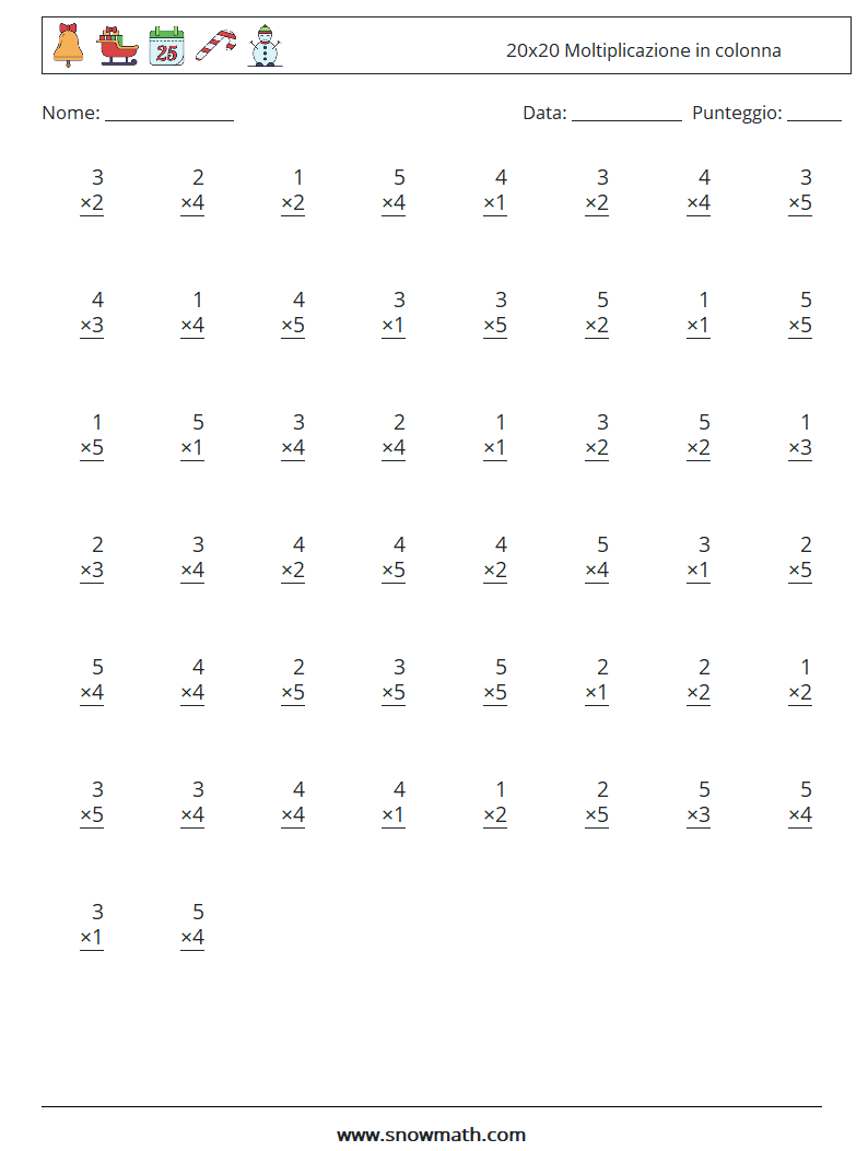 (50) 20x20 Moltiplicazione in colonna Fogli di lavoro di matematica 7