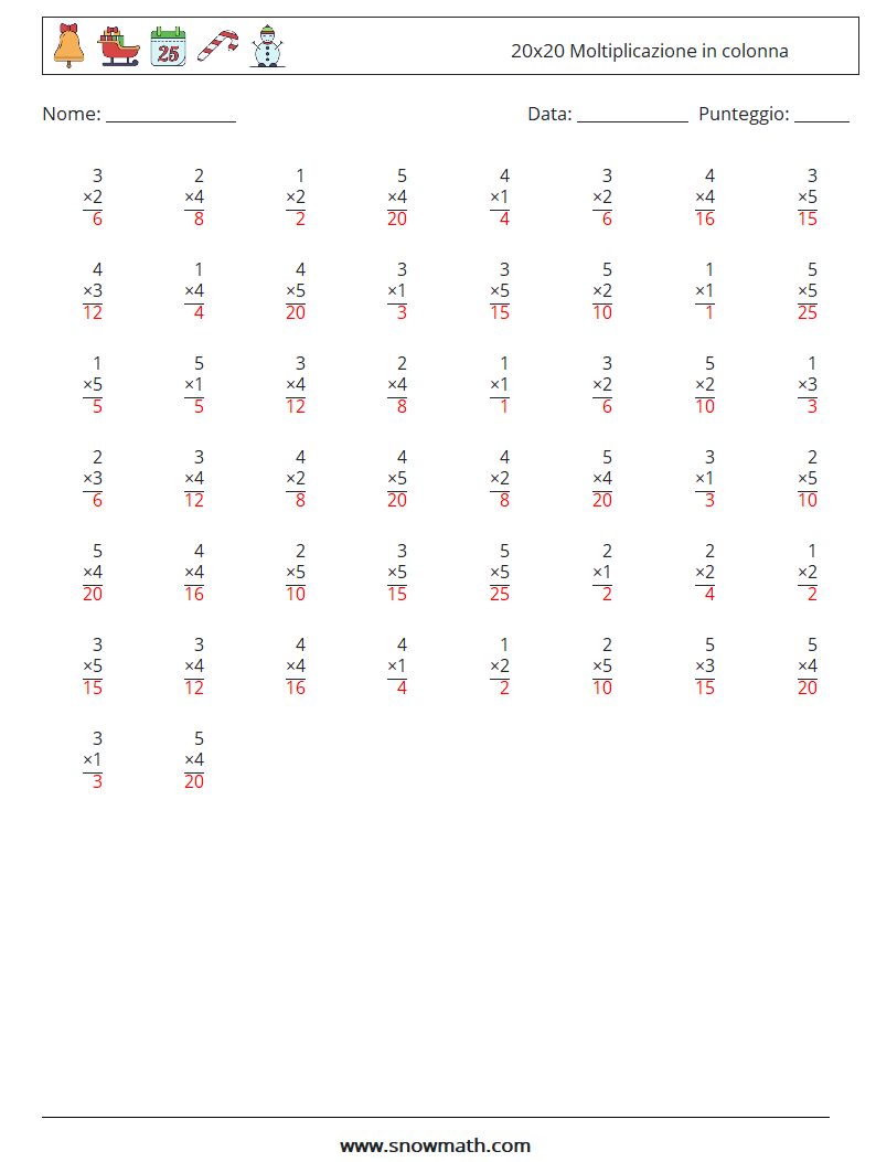 (50) 20x20 Moltiplicazione in colonna Fogli di lavoro di matematica 7 Domanda, Risposta