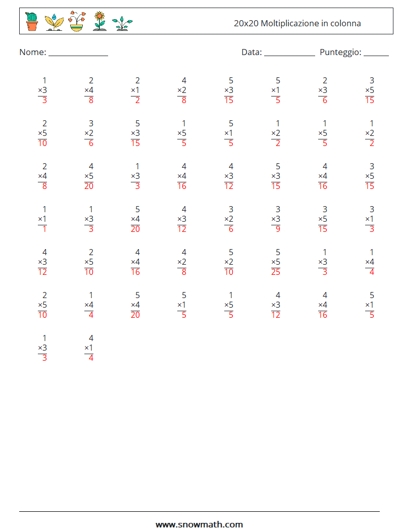 (50) 20x20 Moltiplicazione in colonna Fogli di lavoro di matematica 8 Domanda, Risposta