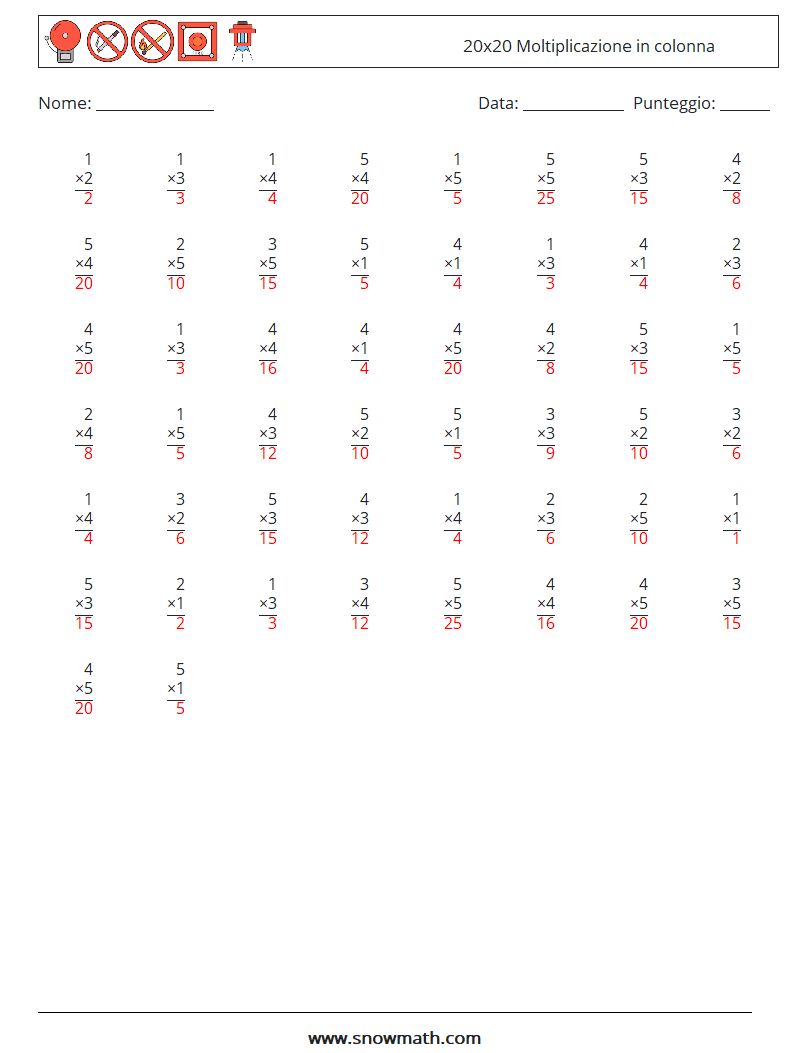 (50) 20x20 Moltiplicazione in colonna Fogli di lavoro di matematica 9 Domanda, Risposta