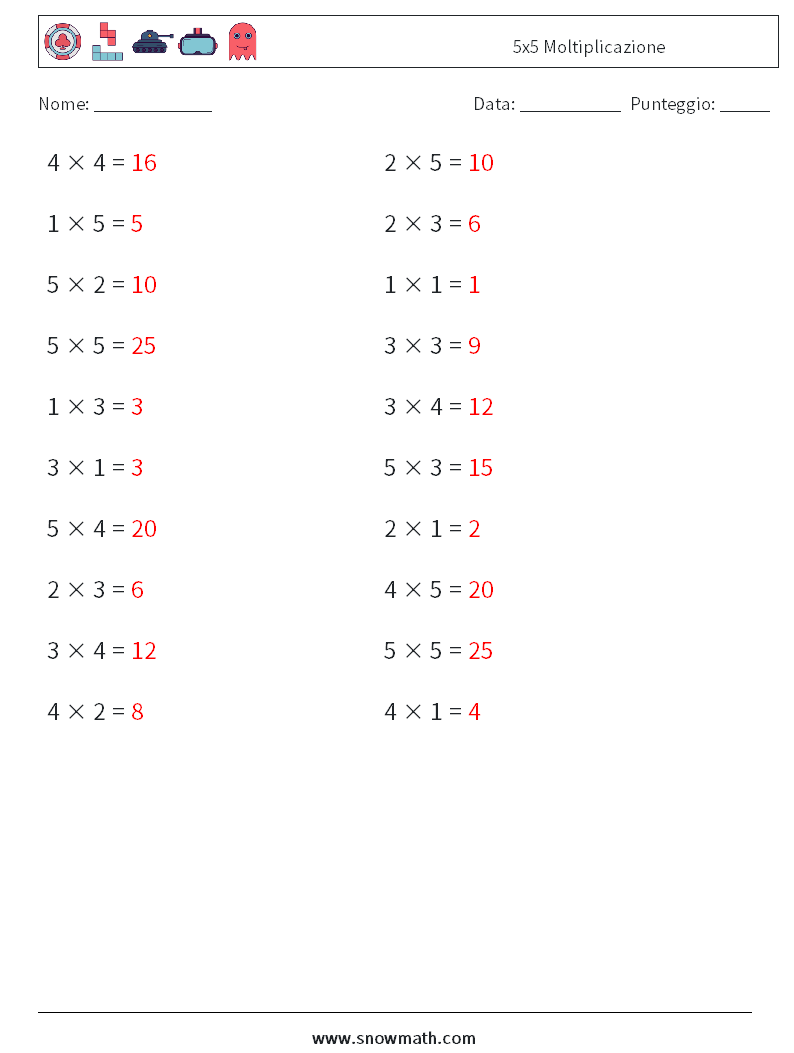 (20) 5x5 Moltiplicazione Fogli di lavoro di matematica 3 Domanda, Risposta
