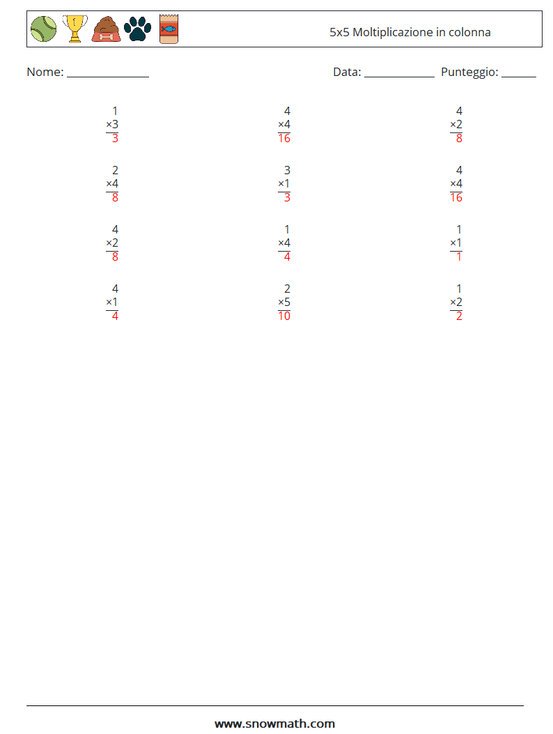 (12) 5x5 Moltiplicazione in colonna Fogli di lavoro di matematica 1 Domanda, Risposta