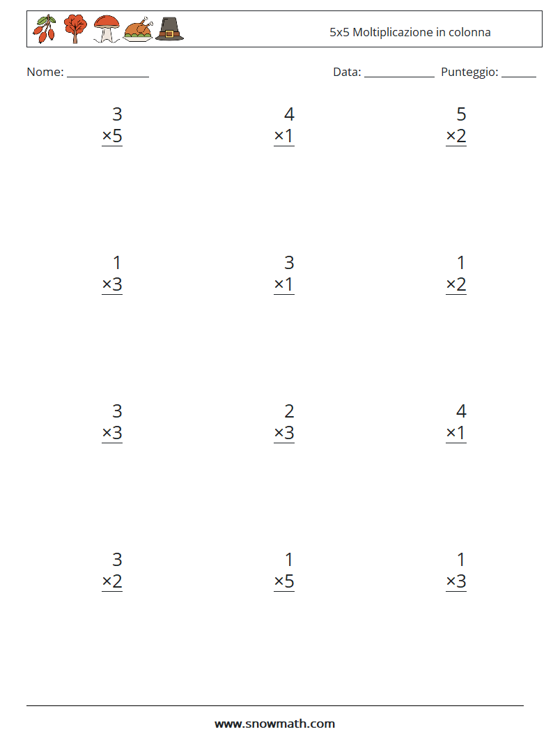 (12) 5x5 Moltiplicazione in colonna Fogli di lavoro di matematica 2
