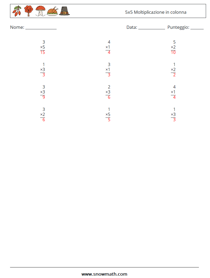 (12) 5x5 Moltiplicazione in colonna Fogli di lavoro di matematica 2 Domanda, Risposta