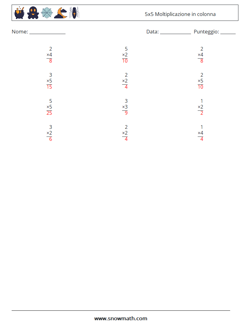 (12) 5x5 Moltiplicazione in colonna Fogli di lavoro di matematica 3 Domanda, Risposta