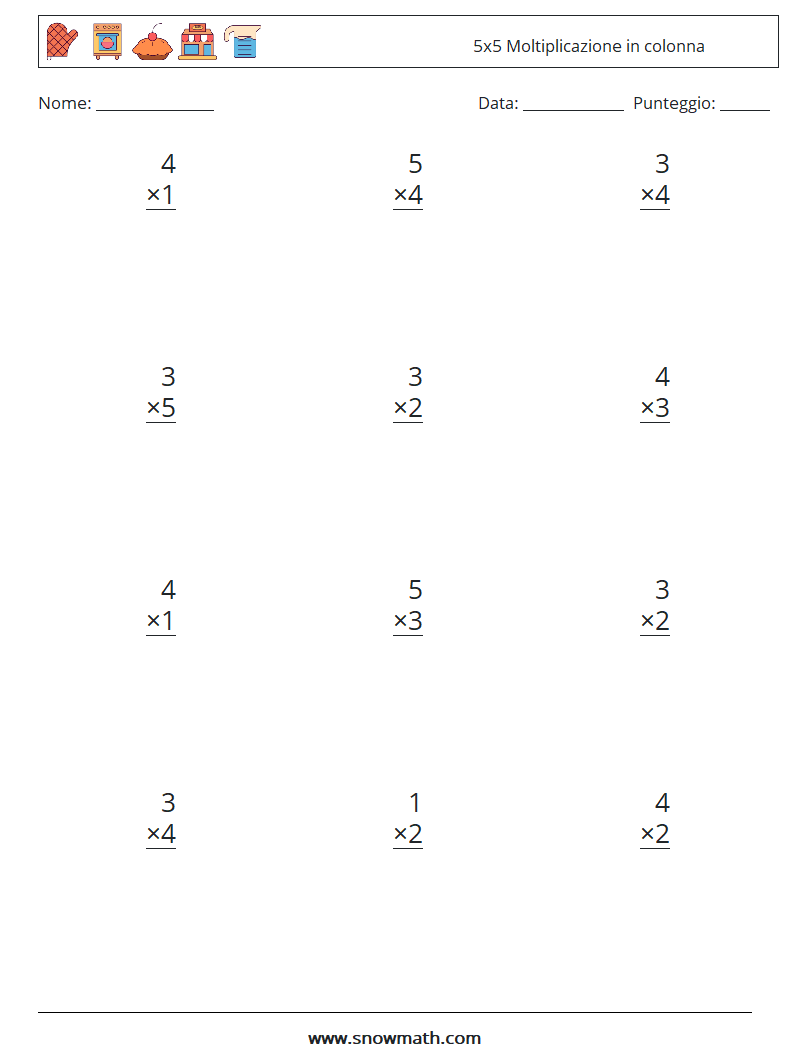 (12) 5x5 Moltiplicazione in colonna Fogli di lavoro di matematica 4