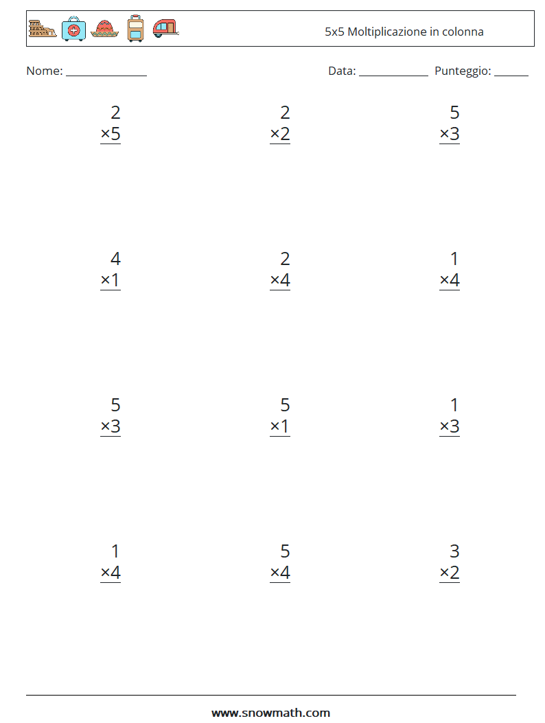 (12) 5x5 Moltiplicazione in colonna Fogli di lavoro di matematica 5