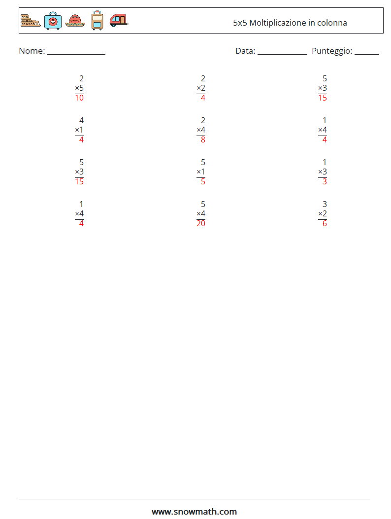 (12) 5x5 Moltiplicazione in colonna Fogli di lavoro di matematica 5 Domanda, Risposta