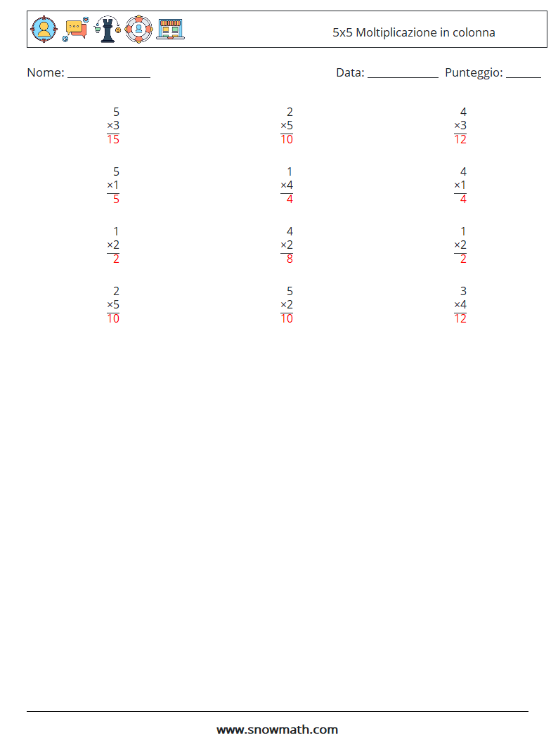 (12) 5x5 Moltiplicazione in colonna Fogli di lavoro di matematica 6 Domanda, Risposta