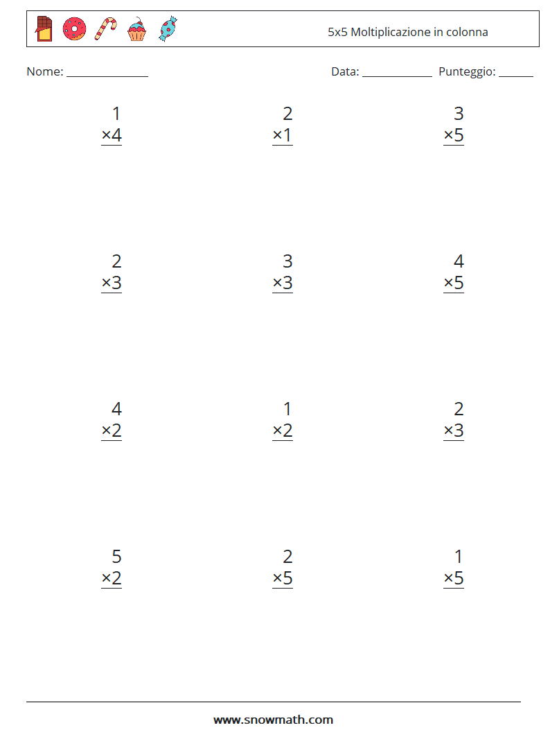 (12) 5x5 Moltiplicazione in colonna Fogli di lavoro di matematica 7