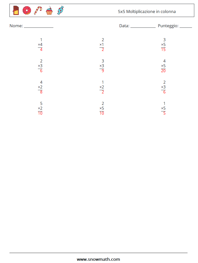 (12) 5x5 Moltiplicazione in colonna Fogli di lavoro di matematica 7 Domanda, Risposta