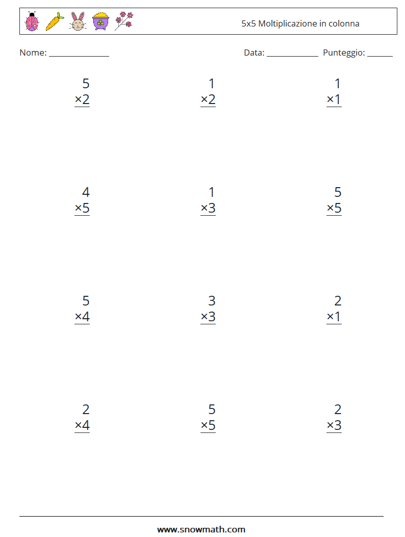 (12) 5x5 Moltiplicazione in colonna Fogli di lavoro di matematica 8