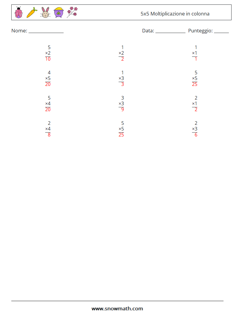 (12) 5x5 Moltiplicazione in colonna Fogli di lavoro di matematica 8 Domanda, Risposta